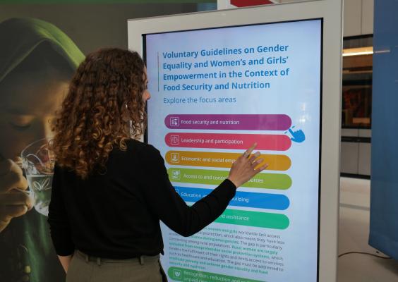 A person is selecting one of the Voluntary Guidelines' focus areas on a touch screen. Photo: FAO/Silvia Vilimelis Lopeztical screen