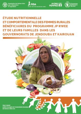 Cover of the study titled ‘Étude Nutritionnelle et Comportementale des Femmes Rurales Bénéficiaires du Programme JP,’ featuring an illustration of rural women engaged in various activities related to nutrition and agriculture.